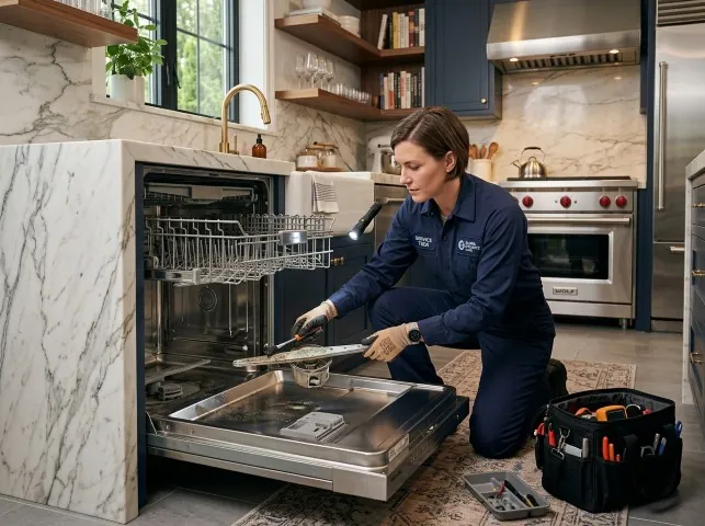 Appliance Repair Hero technician servicing a built-in dishwasher in a Bolton, CT kitchen