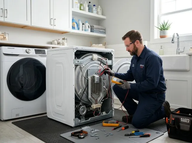 Appliance Repair Hero technician checking a dryer heating element with the rear panel off in Bolton, CT