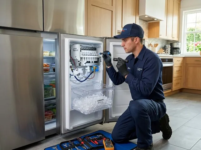 Appliance Repair Hero technician repairing a refrigerator ice maker in Bolton, CT