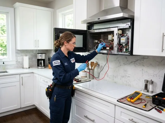 Appliance Repair Hero technician testing an over-the-range microwave in a Bolton, CT kitchen