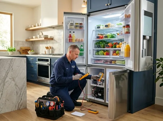Appliance Repair Hero refrigerator technician testing a fridge on a Bolton, CT service call