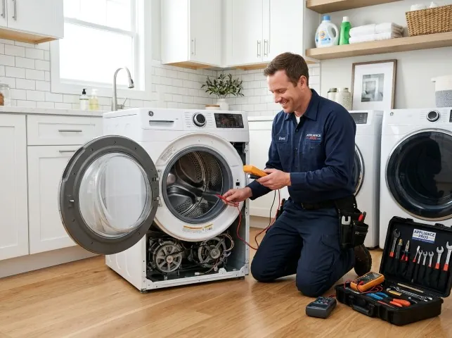 Appliance Repair Hero technician testing a front-load washer with a multimeter on a Bolton, CT service call
